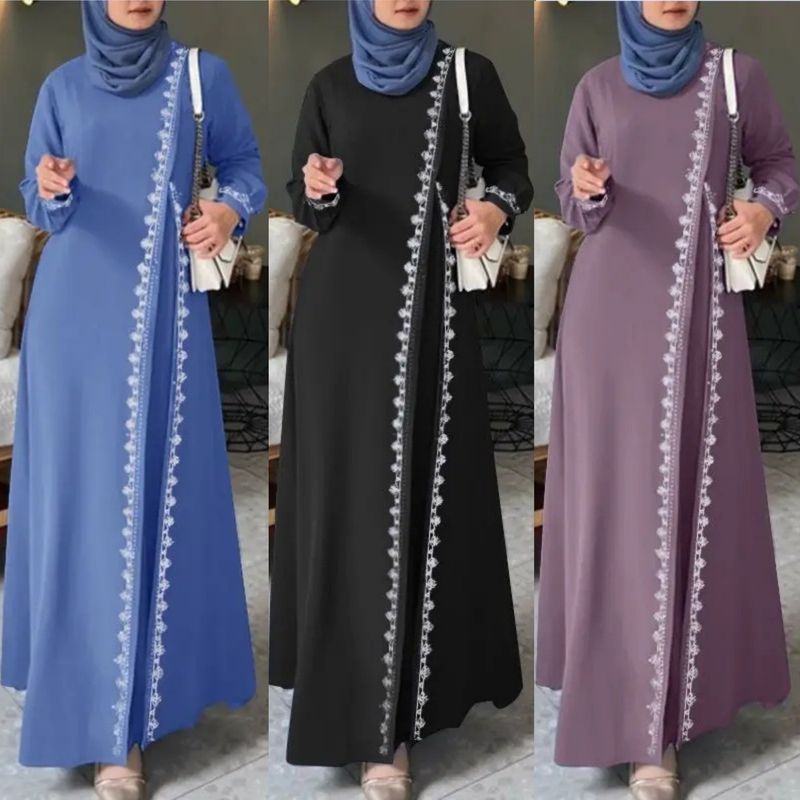 Damenkleidung Muslimisches Gewandkleid Mode Langarm Spitze Häkelweste Damen Frühling Casual Fake Zweiteiliges Kleid_voghion.com