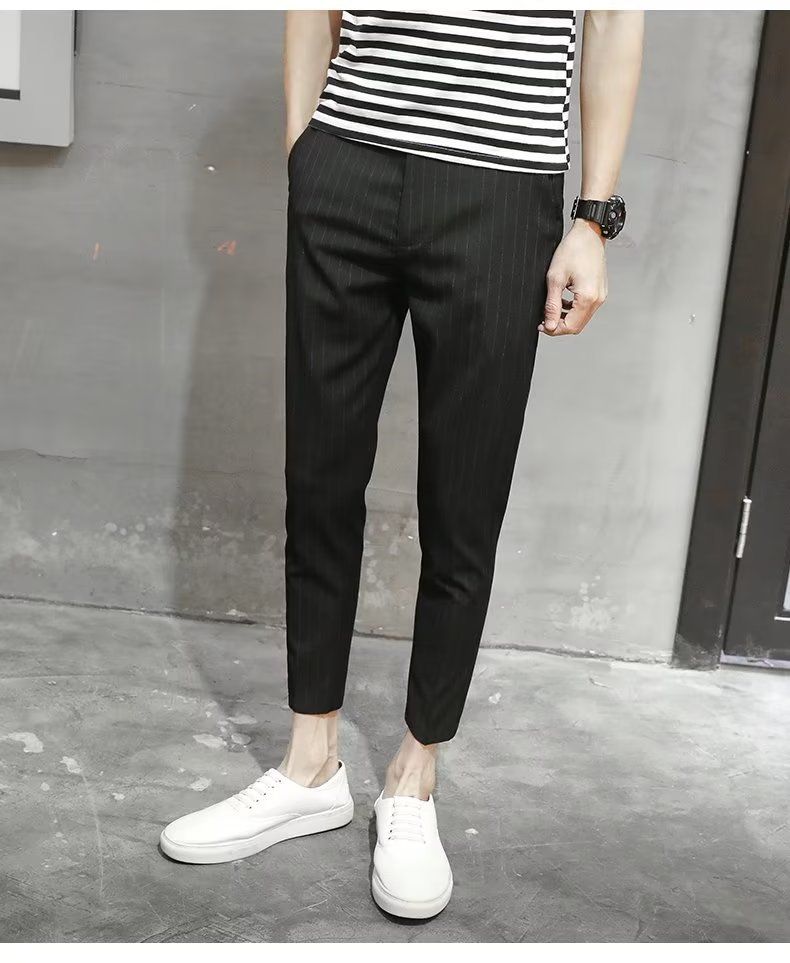 Men's Clothing slim fitting suit trousers for spring and summer, tall suit trousers with slim feet and vertical stripes, casual trousers for men_voghion.com