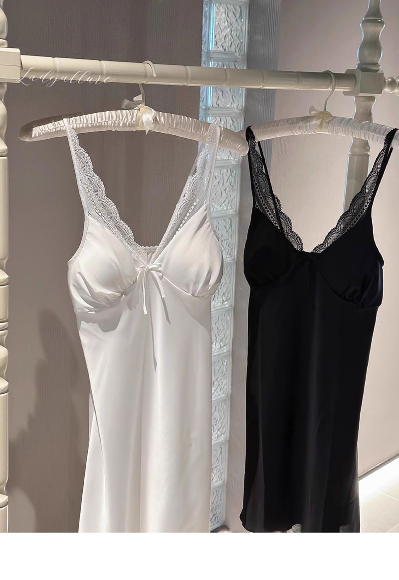 Camicia da notte sexy, delicata sulla pelle, con fiocco in seta ghiacciata, con bretelle in pizzo dolce, comoda e morbida, per il desiderio puro del vento_voghion.com