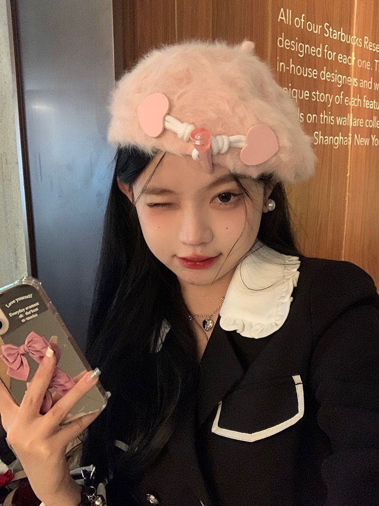 heart-shaped Corner Buckle Rabbit Hair Women's Beret, Winter Big Head Circumference, Modify The Face 2025 New_voghion.com