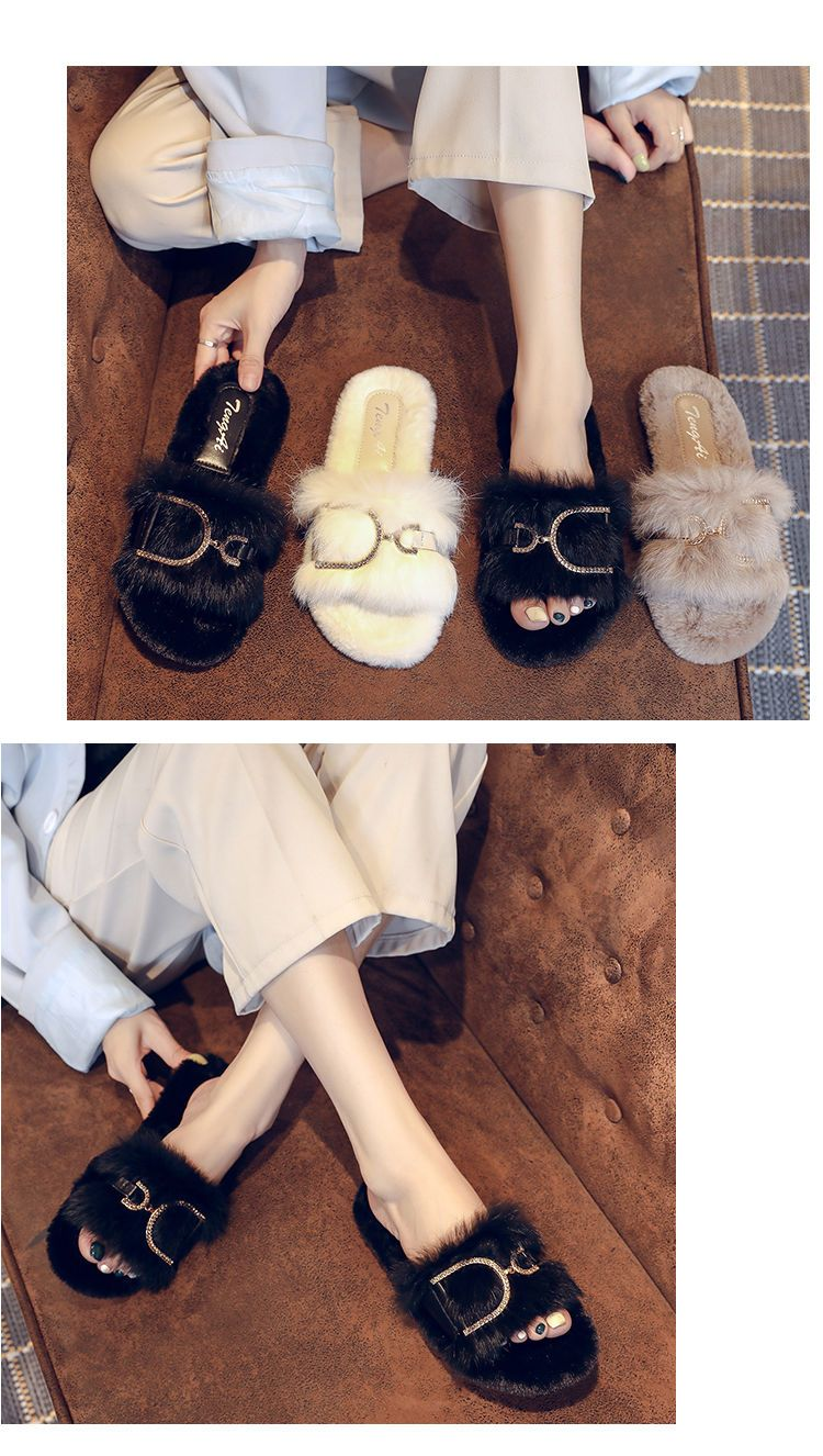 True Rabbit Hair For Female Outwear 2024 Spring And Autumn New Internet Celebrity Fairy Home Flat Bottom Cotton Slippers_voghion.com