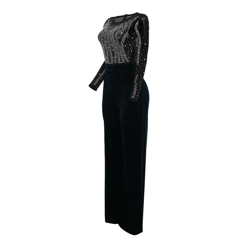 Kadın giyim seksi yuvarlak yakalı şeffaf polyester örgü eklenmiş kadife bol tulum, modaya uygun sıcak elmas tarzı_voghion.com