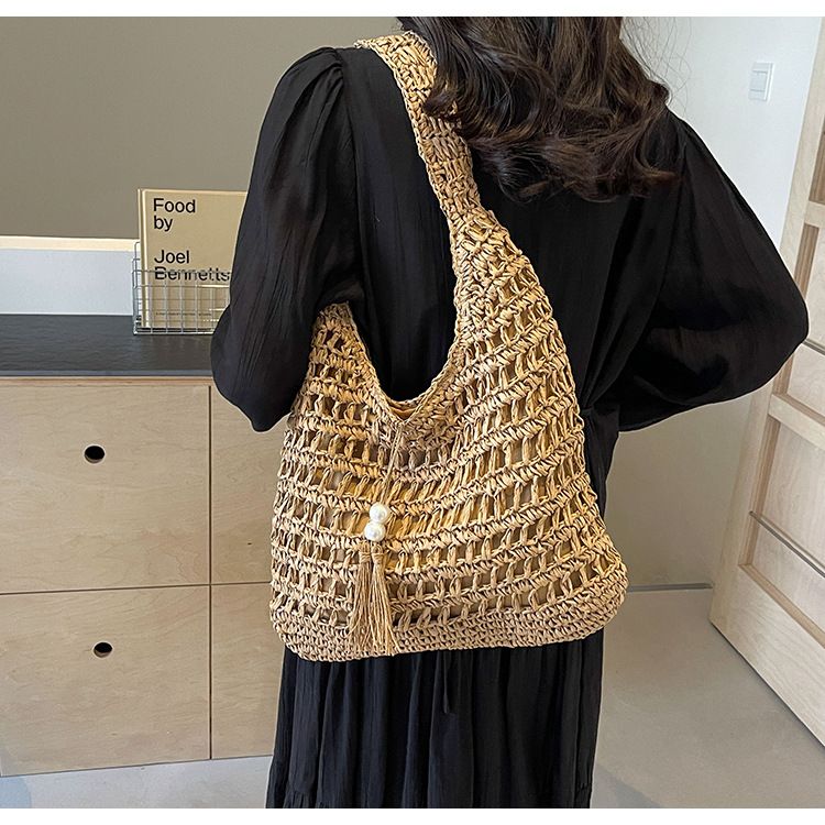 Straw Bag Woven Bag Bohemian Fringe Straw Bag Women's Hollow Woven Bag Seaside Resort Beach Shoulder Bag_voghion.com