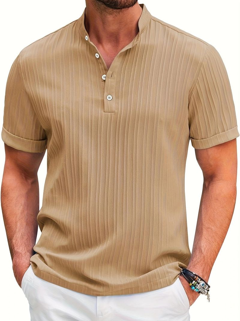Abbigliamento Uomo Nuova Camicia Henry da Uomo Retro in Cotone e Lino a Righe, Casual e Ampia_voghion.com