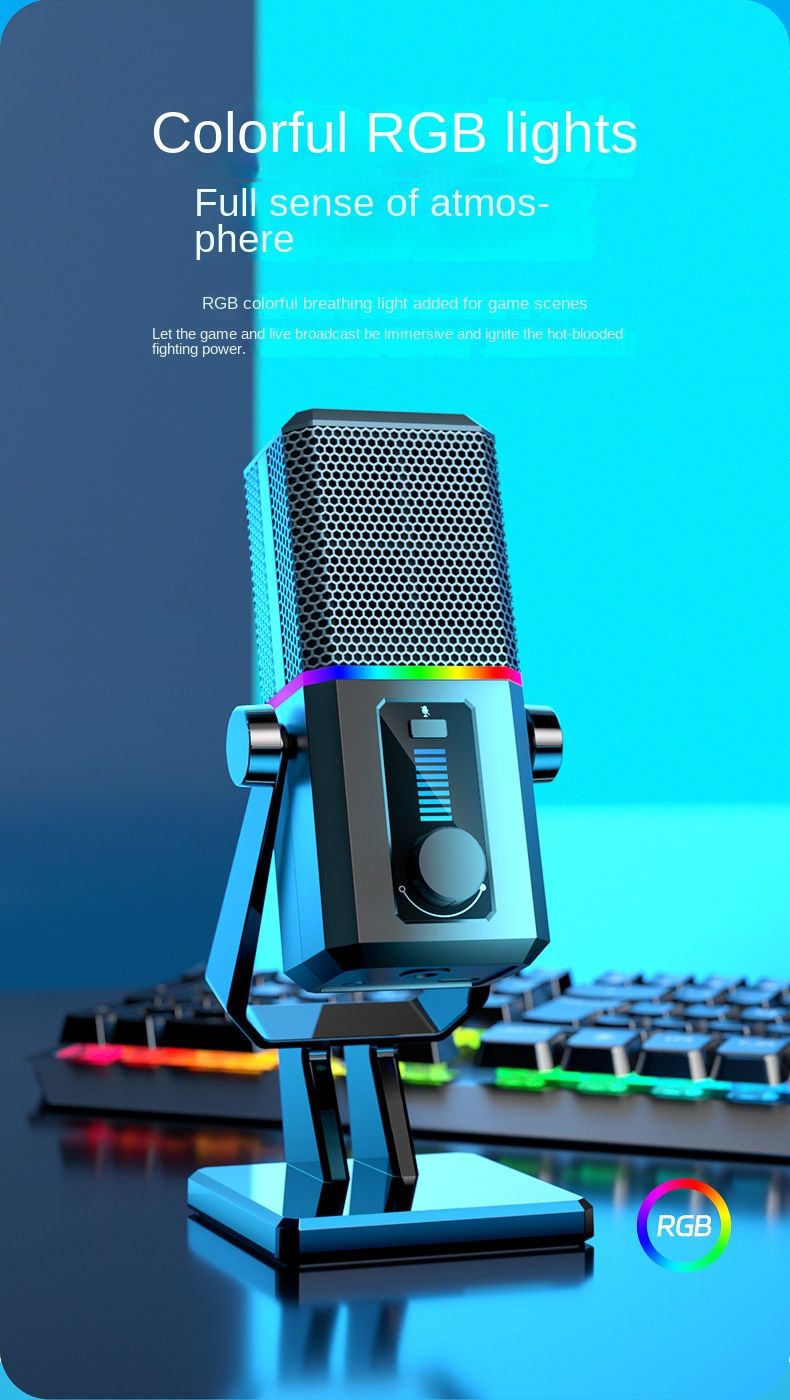 【Bistveno za prenos v živo】Profesionalni USB mikrofon z odpravljanjem šumov, izklop zvoka z enim klikom, kardioidni vzorec zajemanja, RGB barvna lučka | Priklopi in igraj_voghion.com