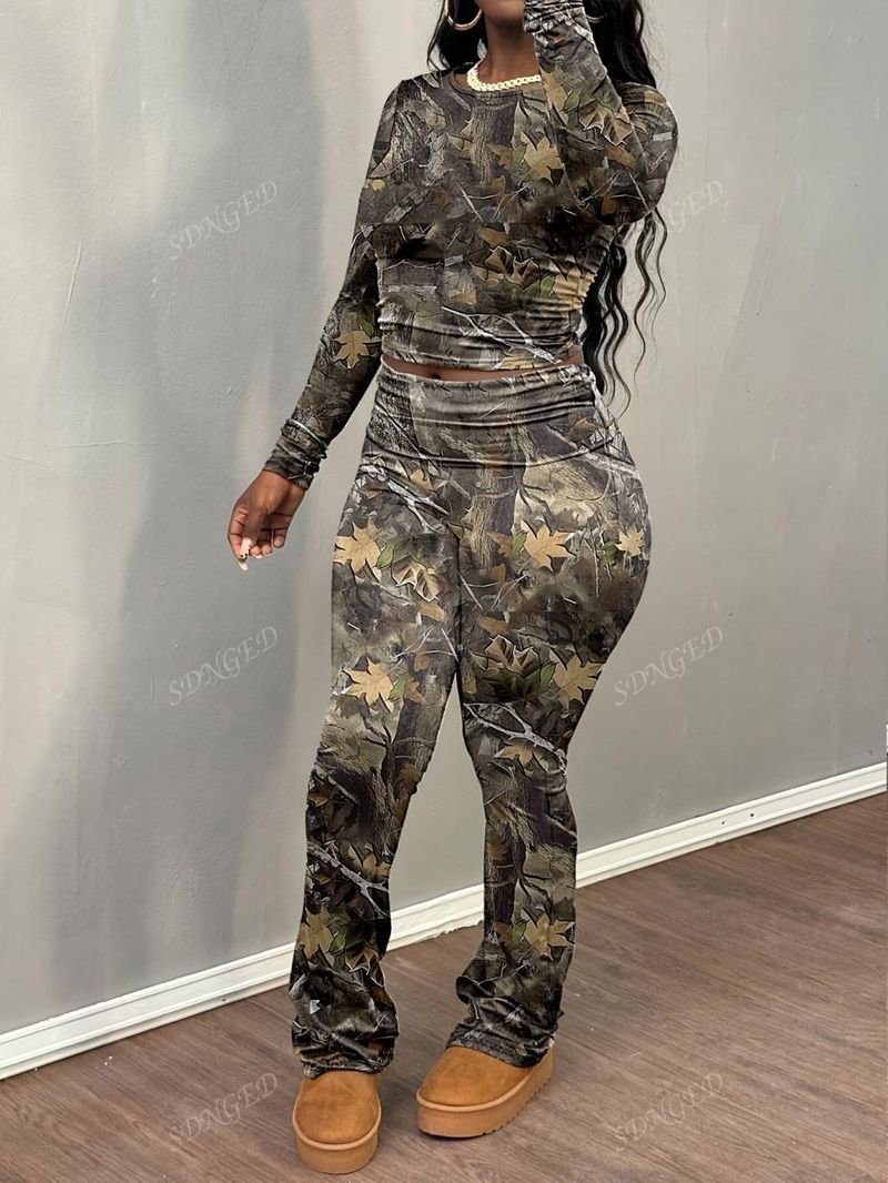 Survêtement Streetwear imprimé arbre – Ensemble t-shirt à manches longues et pantalon taille haute (XS-XL, polyester, soie, effet vieilli)_voghion.com