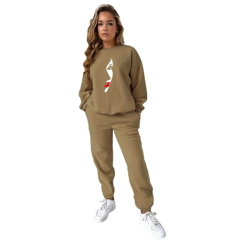 Zweiteiliges Damen-Set mit bedrucktem Kapuzenpullover und Rundhalsausschnitt_voghion.com