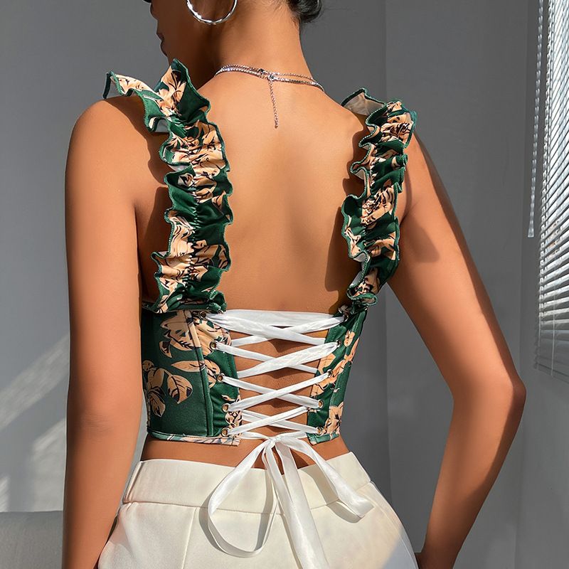Sweet New V neck Sexy Print Design with Chest Pad Fishbone Slimming Back Strap Top_voghion.com