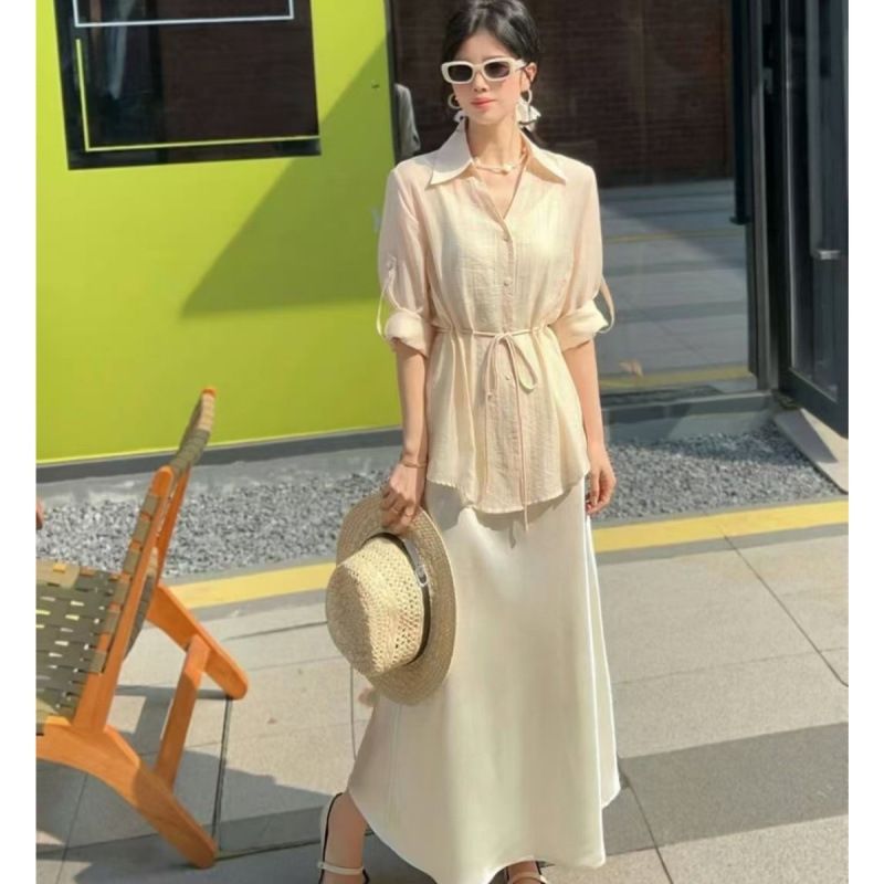 Completo due pezzi da donna con camicia in tencel coprente e abito con spalline in raso, nuovo stile primavera estate_voghion.com