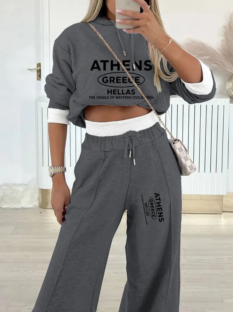 Abbigliamento da donna, completo sportivo casual, autunno e inverno, completo casual da salotto invernale con felpa lunga foderata in pile e pantaloni a gamba larga, completo in due pezzi con stampa_voghion.com