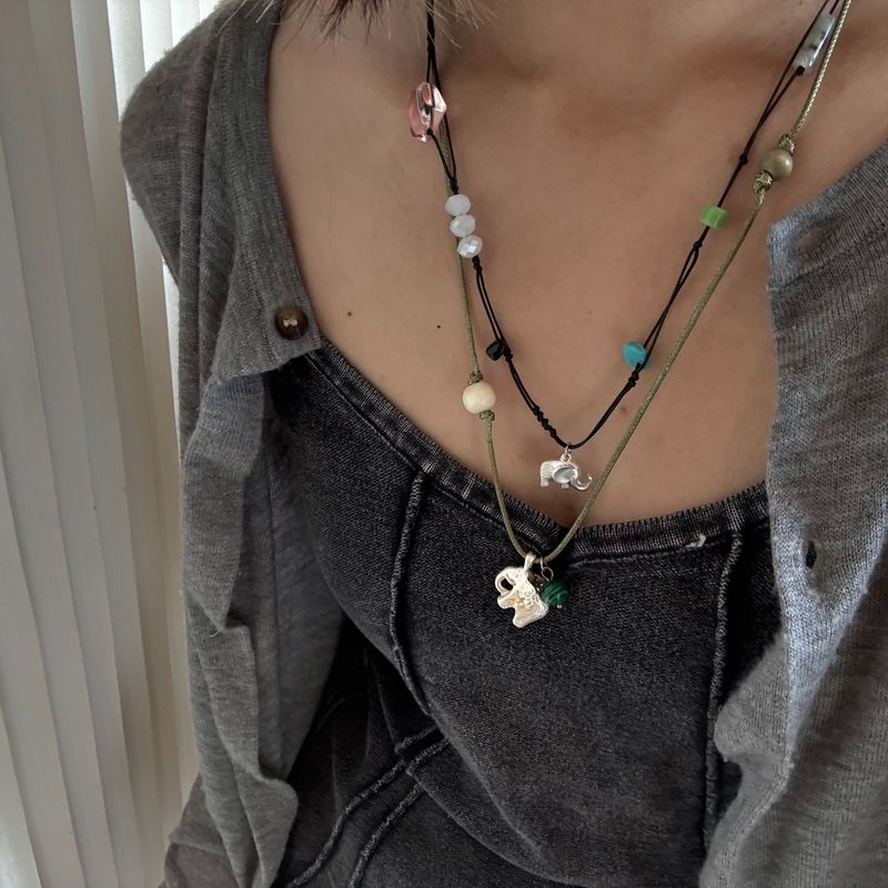 Elephant Pendant Necklace Female Hand-woven Colored Natural Stone Neck Chain Light Luxury Niche New Chinese Beaded Sweater Chain_voghion.com