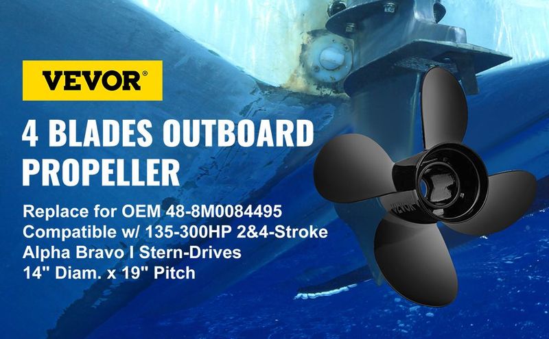 VEVOR Outboard Propeller, Replace For OEM 48-8M0084495, 4 Blades 14\" X 19\" Aluminium Boat Propeller, Compatible With 135-300HP 2-Stroke & 4-Stroke Outboards, Alpha&Bravo I Stern-Drives, RH_voghion.com