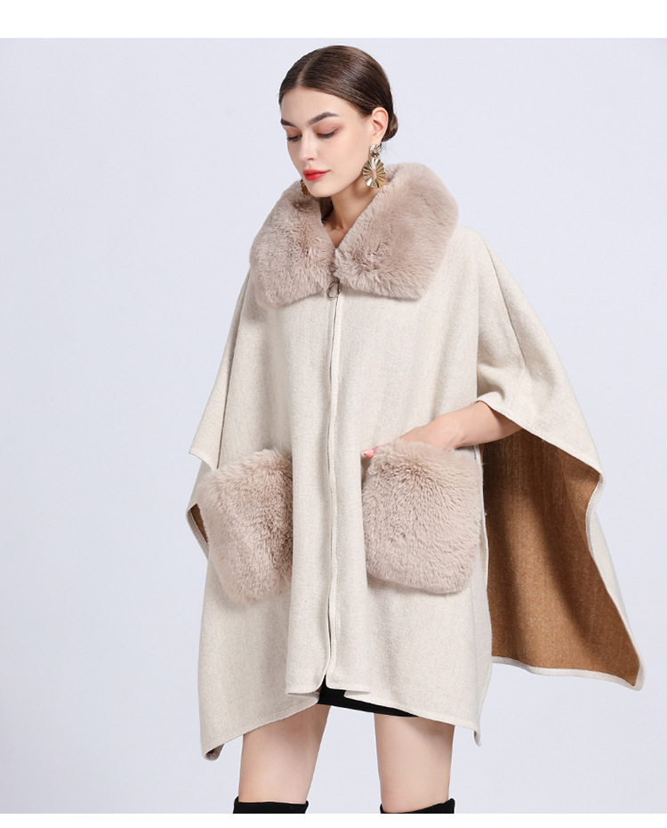Women's imitation Rex rabbit collar cape cape large size knitted cardigan loose woolen coat_voghion.com