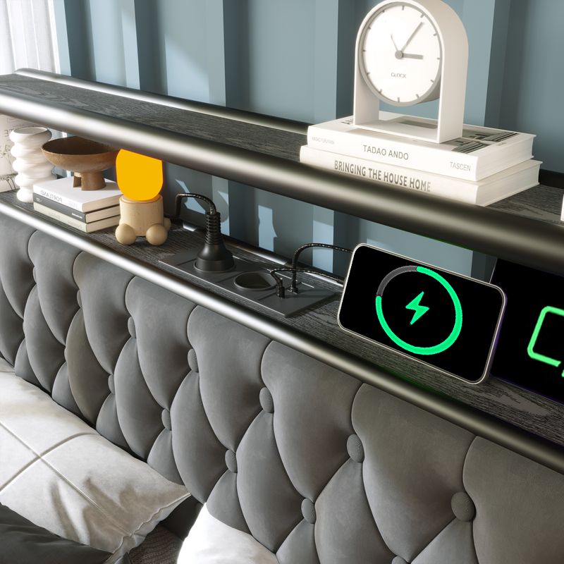 Lit double avec chargement USB Type-C, cadre de lit LED contrôlé par application, cadre de lit en métal 140 x 200 cm avec 4 tiroirs, revêtement en velours (matelas non inclus)_voghion.com