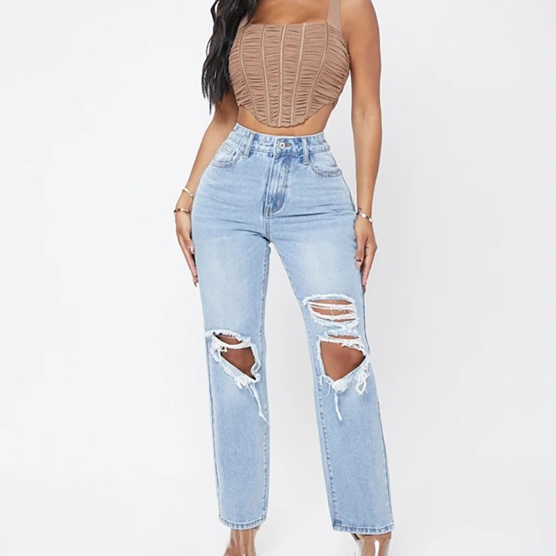 Damkläder heta jeans för kvinnor slitna tvättade högmidjade lösa byxor med vida ben_voghion.com