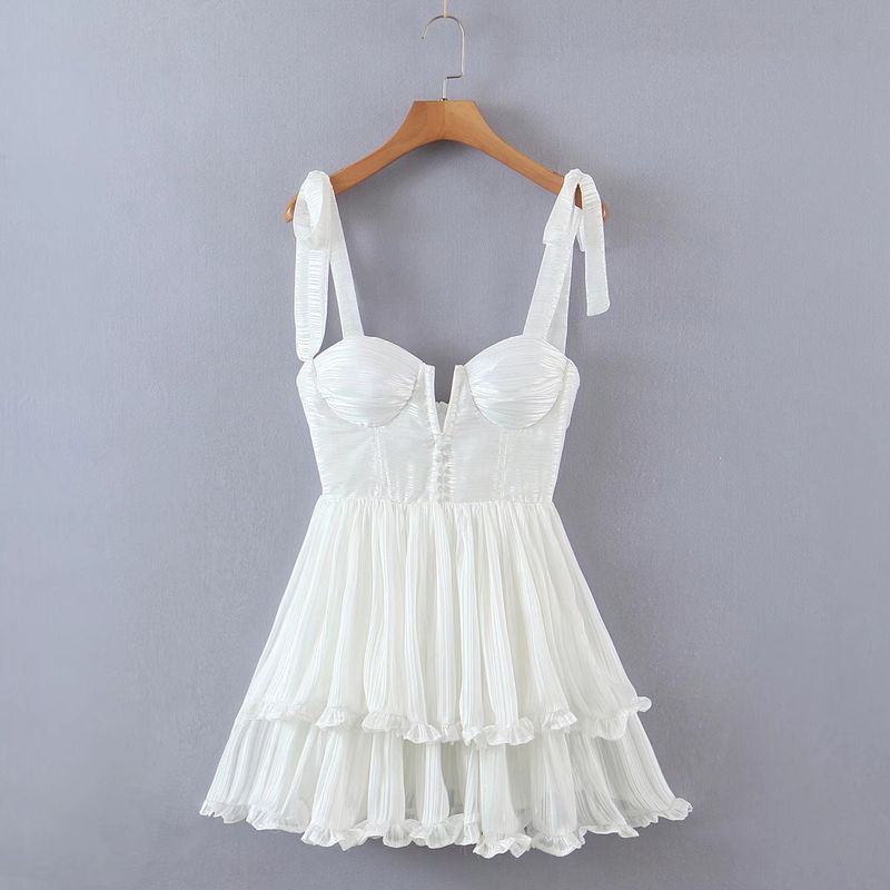 Damenbekleidung Sommer dreifarbiges dreilagiges buntes Seidenchiffonkleid plissierter Schnürer kurzer Rock_voghion.com