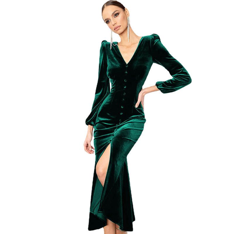 2022 Inverno Lavorato A Maglia Con Scollo A V Spalla Pad Abito A Maniche Lunghe Autunno Vestito delle Donne Temperamento Intellettuale Vestito Gonna Lunga_voghion.com