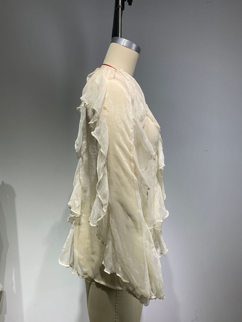 Elegant Chiffon Blouse With Cascading Hem – Flowy V-Neck Shirt With Ruffle Detail (Polyester, S-L, White/Pink/Khaki, Boho Office )_voghion.com