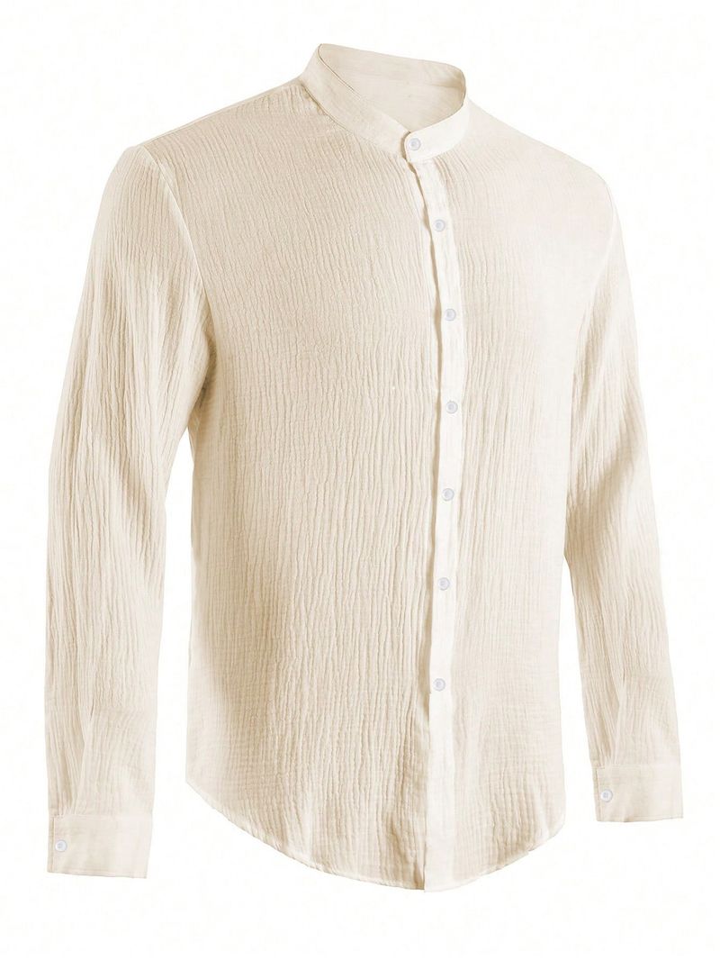 Camicia casual da uomo a maniche lunghe, leggera, matura, tinta unita, con colletto alto e bottoni._voghion.com