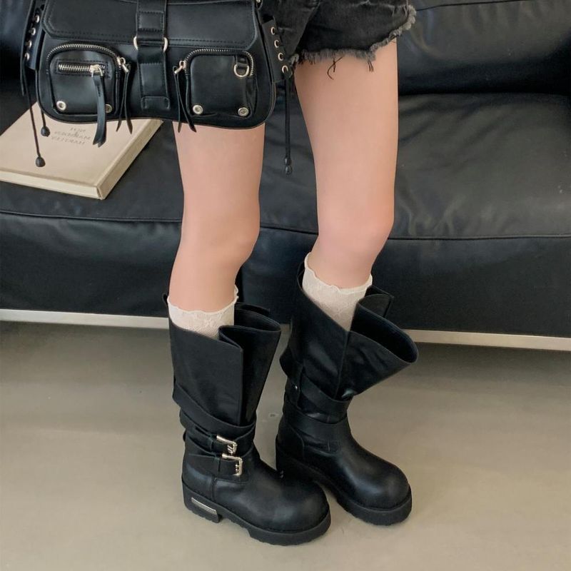 Women Boxing Boots 2025 Autumn Winter New Dark Style Belt Buckle Motorcycle Boxing Thick Sole Mid-Calf Riding Boots For Women_voghion.com