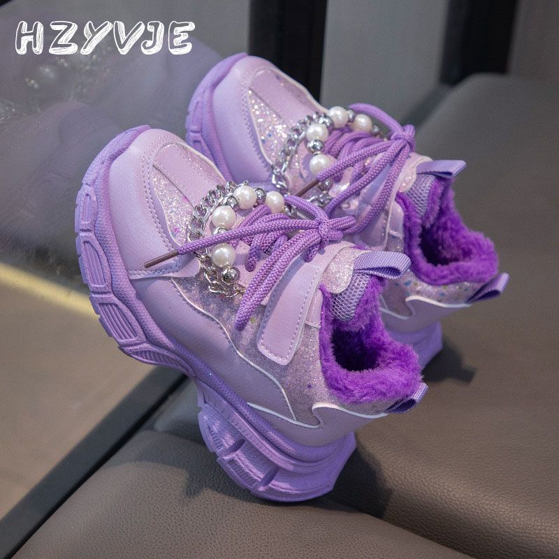 Chaussures de sport tendance pour filles avec chaîne, princesse, hiver, peluche, chaudes, semelles épaisses, pour enfants de taille moyenne et grande, décontractées, tout-assorti_voghion.com