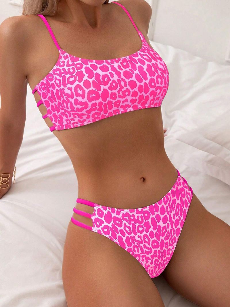 Badeanzug Damen Split Sling Tube Top Leopardenmuster Sexy Rücken Bikini Strandurlaub_voghion.com