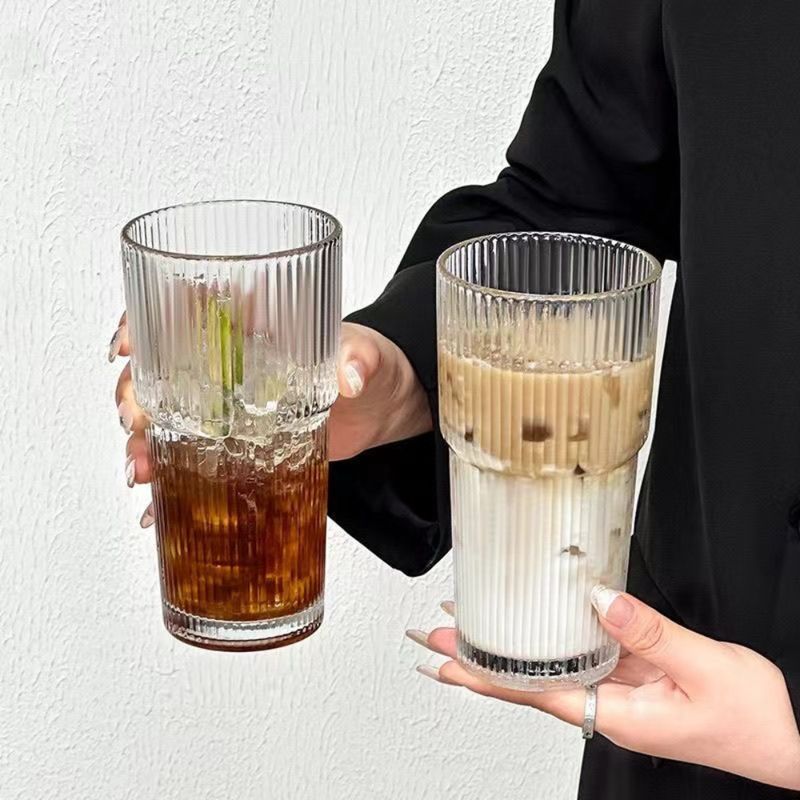 600ML Stripe Glass Coffee Cup With Straw Lid For Milk Tea Juice Breakfast Mugs Drinkware Travel Drinking Water Bottle Ho_voghion.com