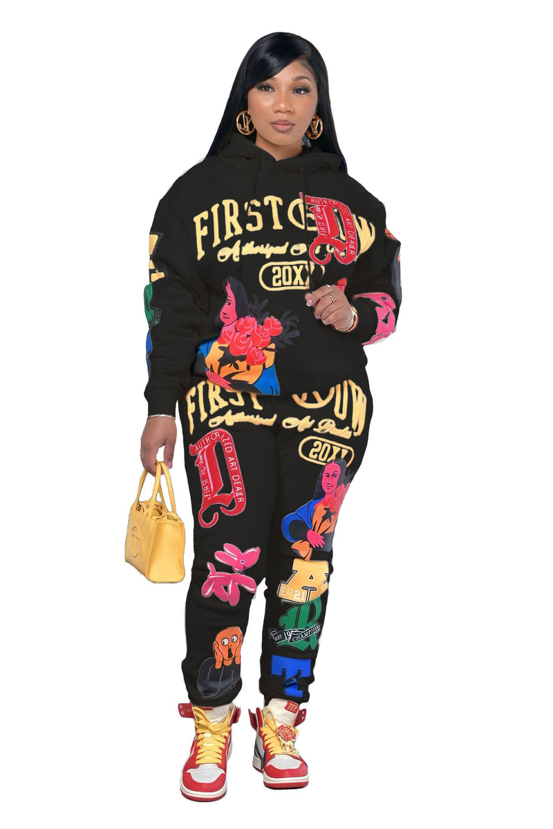 Women's Fashion Casual Printed Autumn And Winter Long-sleeved Sweatshirt Two-piece Set_voghion.com