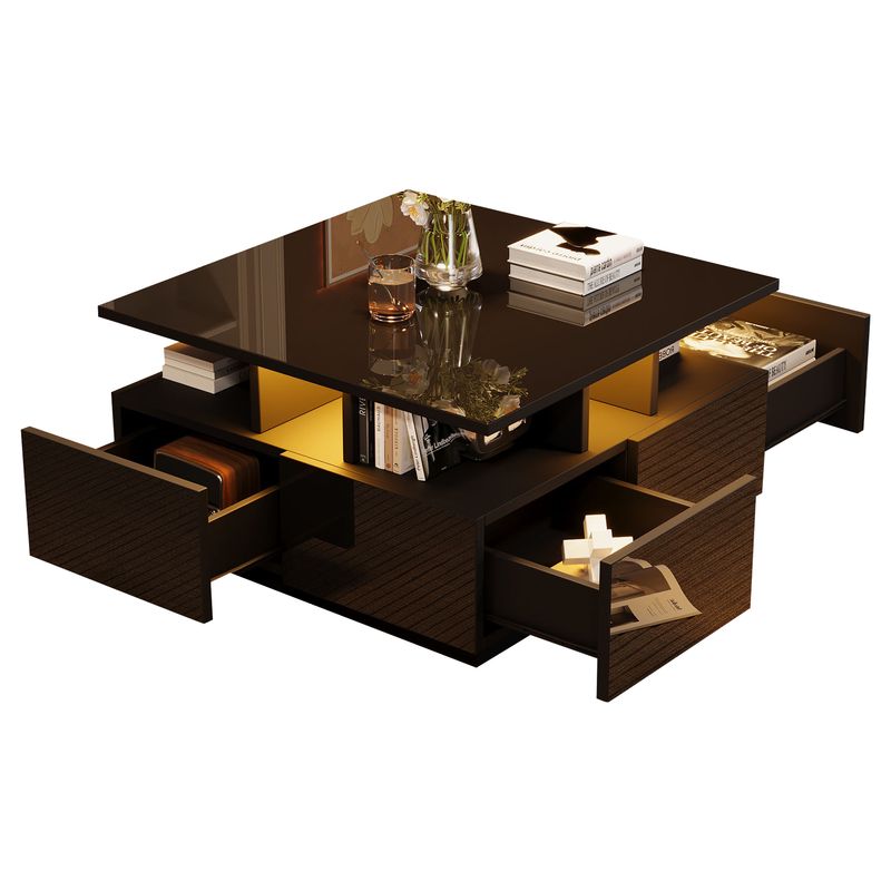 Table basse de salon noire brillante 70 x 70 x 40 cm avec éclairage LED, table d'appoint à 4 tiroirs, design géométrique, capacité de charge de 30 kg._voghion.com
