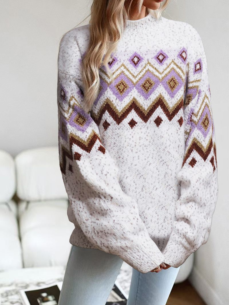 Pull col roulé mi-haut en tricot flocon de neige pour femme - Mélange de polyester doux, coupe ample, confort décontracté pour l'automne et l'hiver_voghion.com