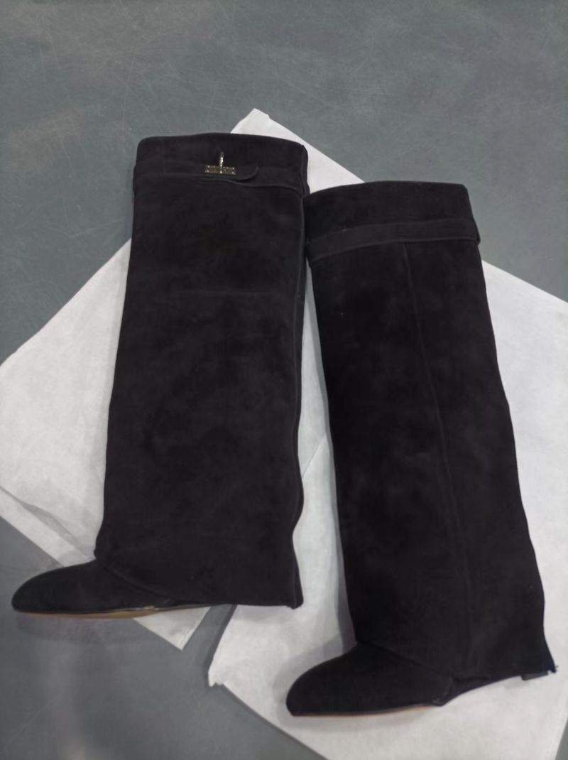 2024 New Round Toe Wide Shaft Straight Shark Buckle Mid-Calf Wedge Heel Boots For Women_voghion.com