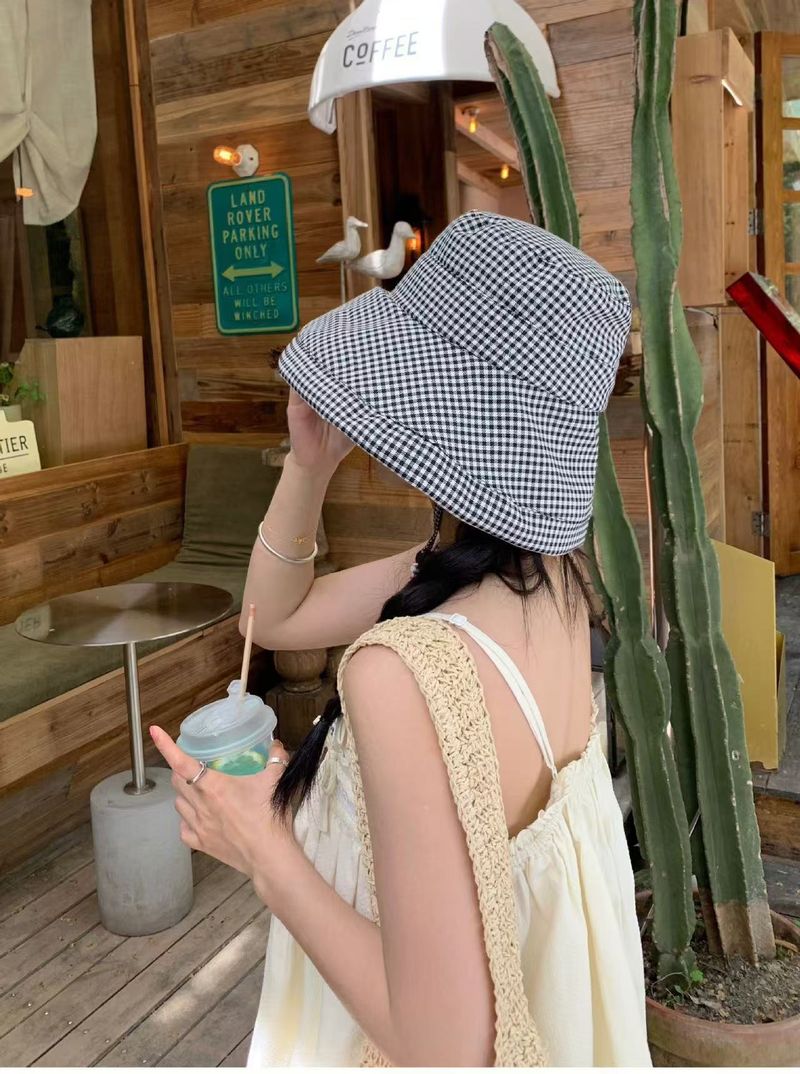 Checkered UPF50+ Fisherman Hat For Women - Summer Wide Brim Sun Hat With UV Protection Fashionable Face Covering Beach Hat_voghion.com