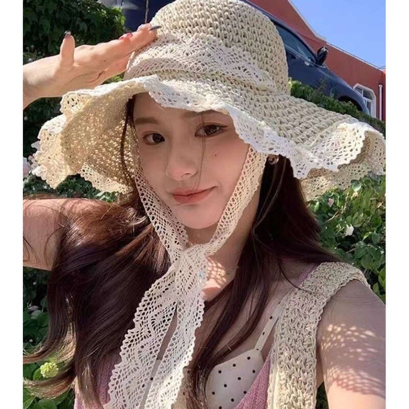 Strohhut mit großer Krempe, Sommerhut für Damen, atmungsaktives Gesicht, mit Spitzenrand, Strandhut, Sonnenhut_voghion.com