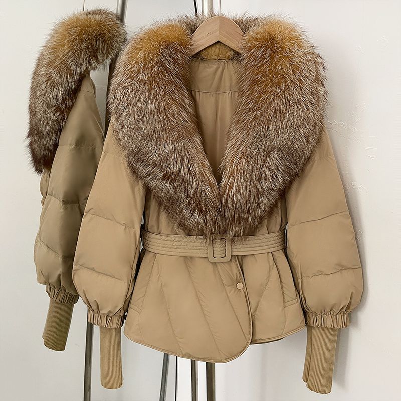 Women's Slim Fit Down Jacket With Detachable Fox Fur Collar, Warm Winter Coat For Petite, Mid-Length Puffer Coat With Belt_voghion.com