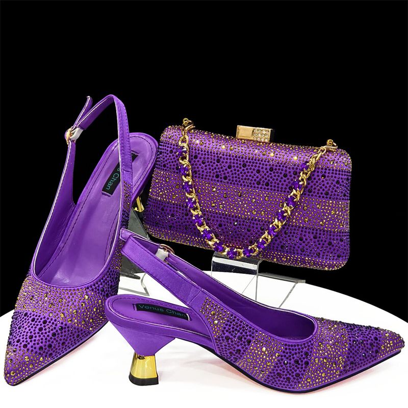 Shoe bag set combination with pointed striped rhinestones matching square handbag_voghion.com