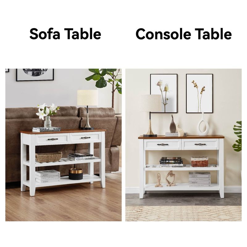 Retro Design Console Table With Two Open Shelves, Pine Solid Wood Frame And Legs For Living Room_voghion.com