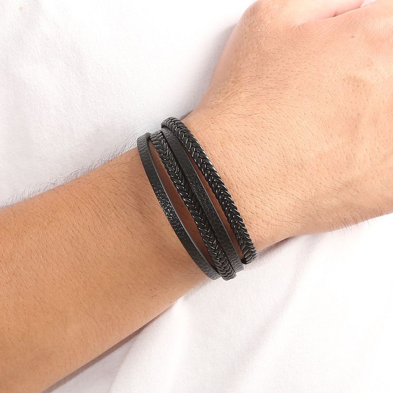 new leather hand woven bracelet men's magnet buckle stainless steel bracelet jewelry women's_voghion.com