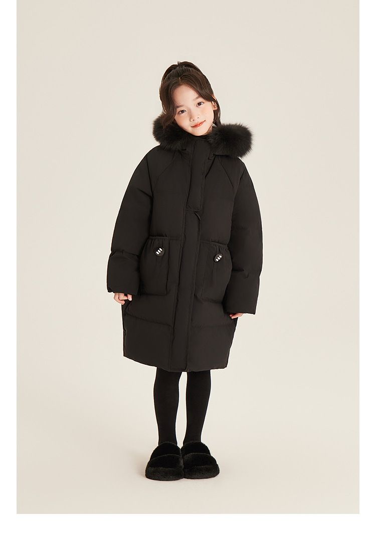 Amybaby Piumino per bambine Inverno 2024 Nuovo stile Piumino di media lunghezza con cappuccio e collo in pelliccia di latte_voghion.com