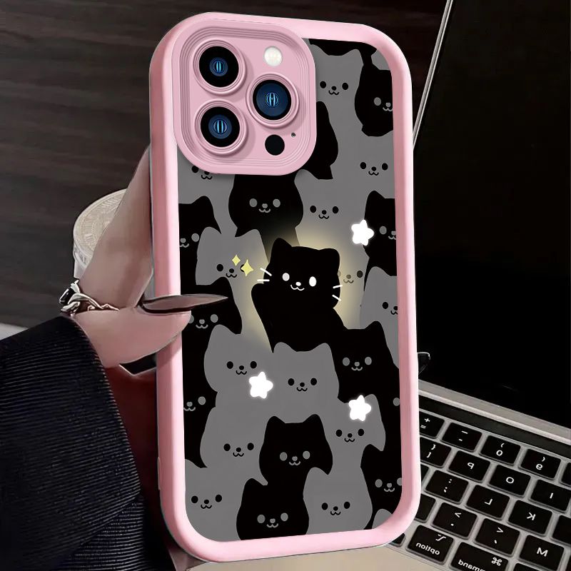Cute Cartoon Glowing Cat Case For iPhone 14 15 16 13 12 11 Pro Max X XS X S Max XR SE 2020 7 8 Plus iphone16 Soft Silicone Funda_voghion.com