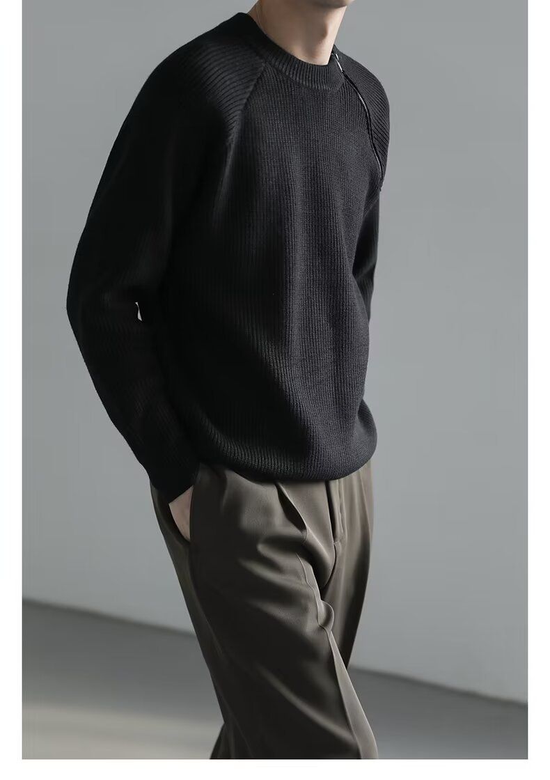 İlkbahar ve Sonbahar Yeni Örme Kazak Erkek Fermuarlı Düz Renk İç Katmanlı Taban Ceket Slim Fit İş_voghion.com