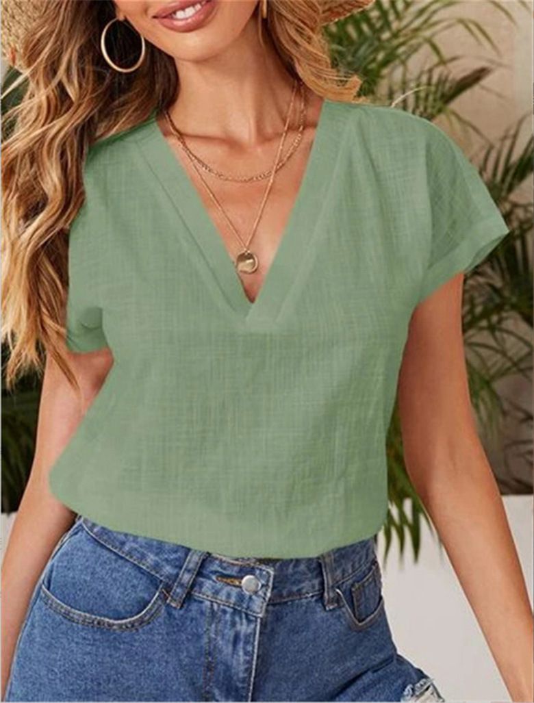 Roupas femininas Nova cor sólida algodão e linho solto manga curta gola V camisa de manga curta_voghion.com