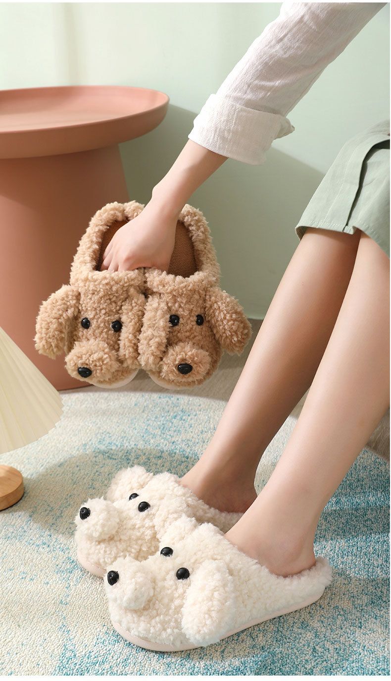 2021 Autumn Winter Cute Cartoon Cotton For Men And Women Indoor Warm Teddy Dog Slippers Full Coverage Thick Sole_voghion.com