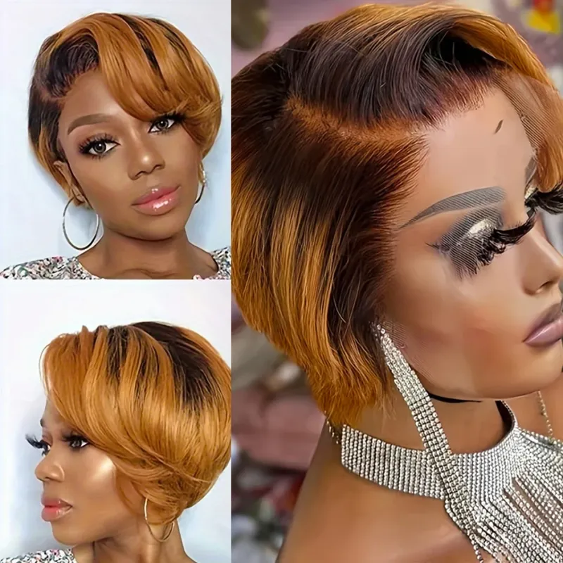 150 % Dichte 6 Zoll 13 x 1 T-Teil Spitzenperücke Gerade Kurze Pixie Cut Perücke Remy Echthaarperücken für Frauen_voghion.com