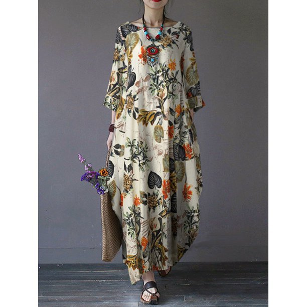 Robe décontractée en coton et lin pour femmes, grande taille, imprimé, style national, rétro, pull ample, col rond_voghion.com