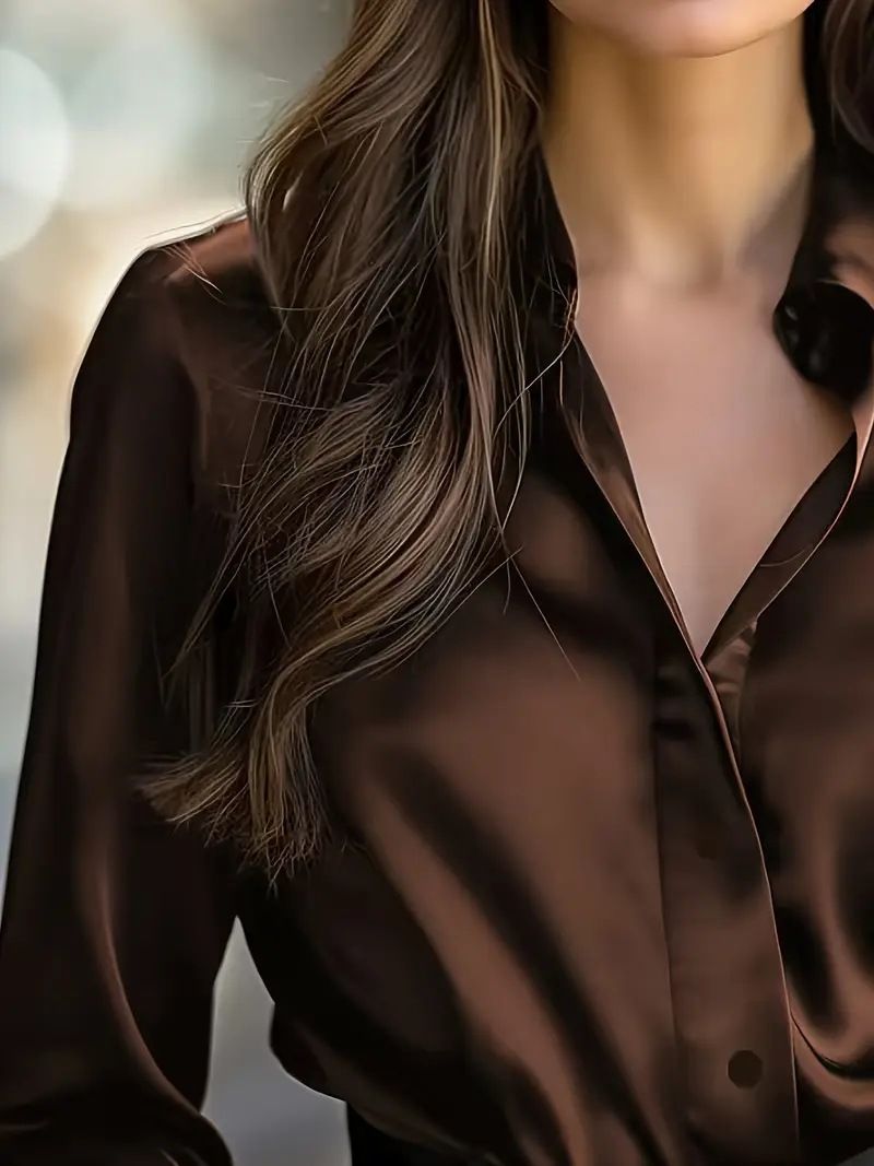 Camicia classica a maniche lunghe con bottoni da donna – Eleganza tinta unita (Borgogna/Marrone/Blu navy/Nero, S-XXL)_voghion.com