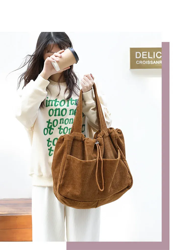 Borse casual semplici Borsa a tracolla in velluto a coste per studenti adolescenti Borsa da donna grande con coulisse Borsa per la spesa da donna_voghion.com