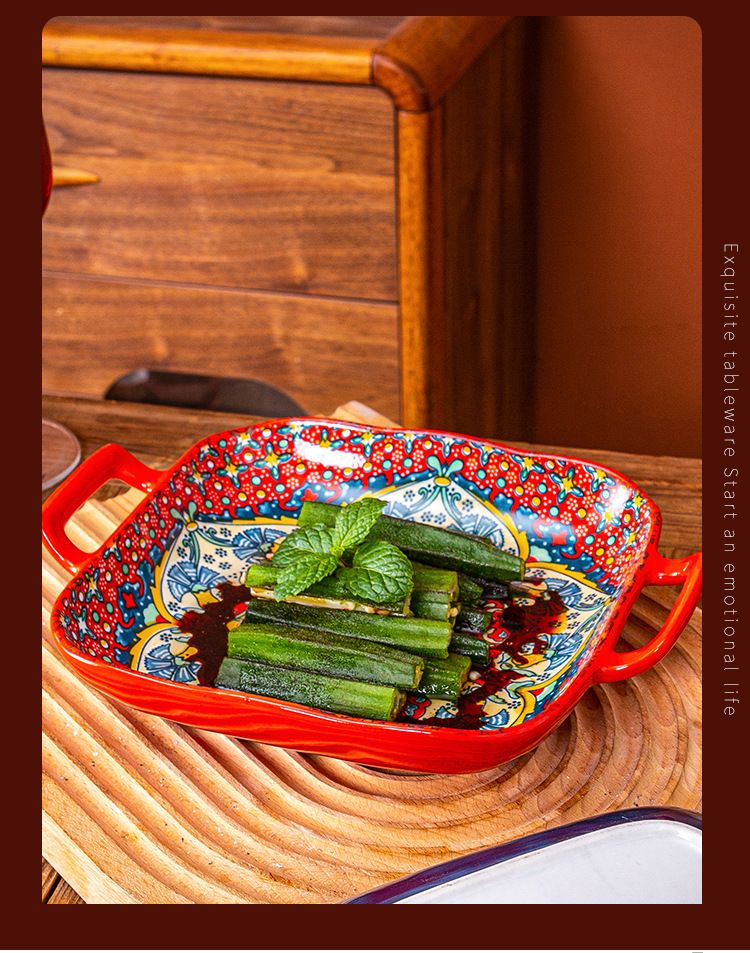 Assiette de service carrée en céramique de Bohème - Avec poignées - Passe au four et au micro-ondes - Pour pâtes, fruits et apéritifs_voghion.com