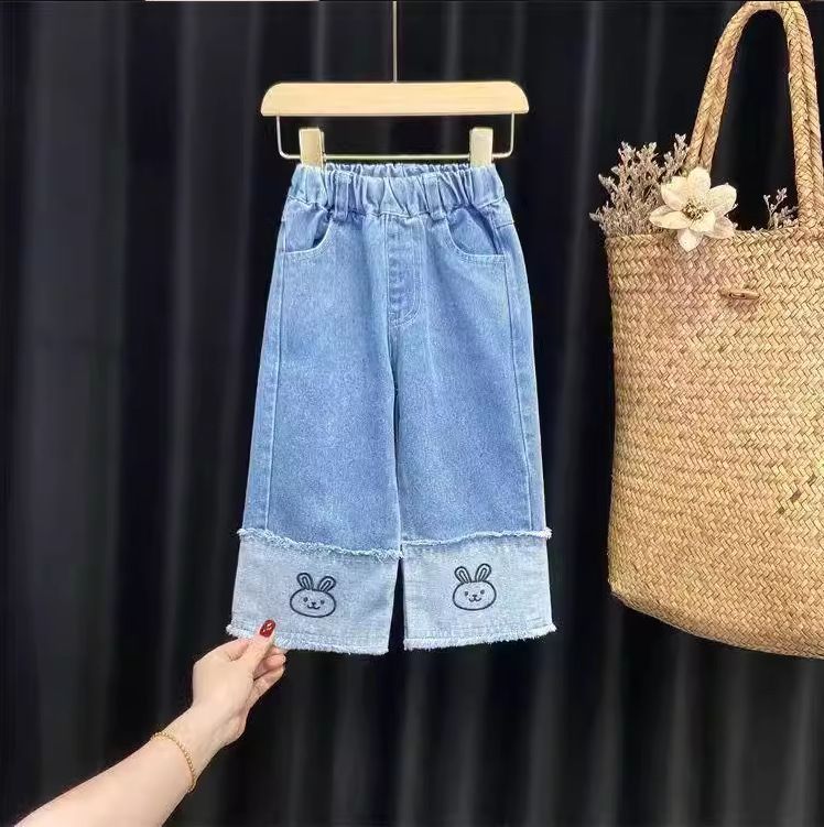 Îmbrăcăminte pentru copii din denim, pantaloni cu picior larg, cămașă cu desene animate de iepure și păpușă, set de două piese_voghion.com