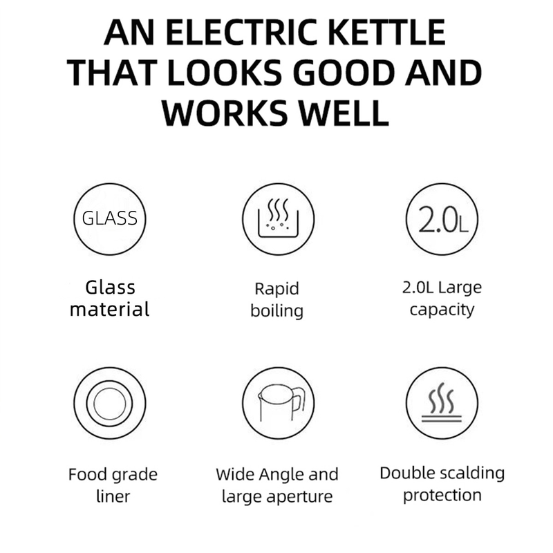 Premium Glass Electric Kettle With LED Light, 2L Large Capacity, Fast Boiling, Auto Shut-Off, Ideal For Tea & Home Use (110V/220V Compatible)_voghion.com