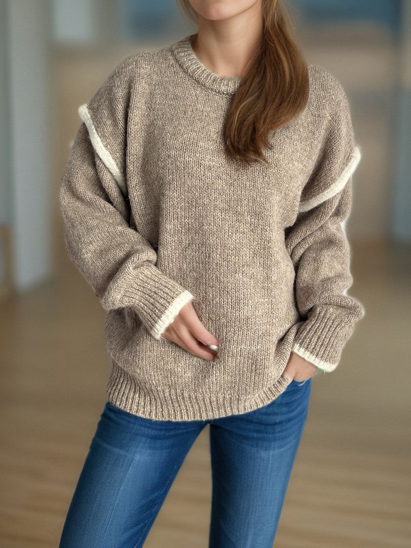 Pull en maille patchwork pour femme – Pull oversize à col rond et tissu épais et chaud (rose/gris/beige/kaki, S/M/L)_voghion.com